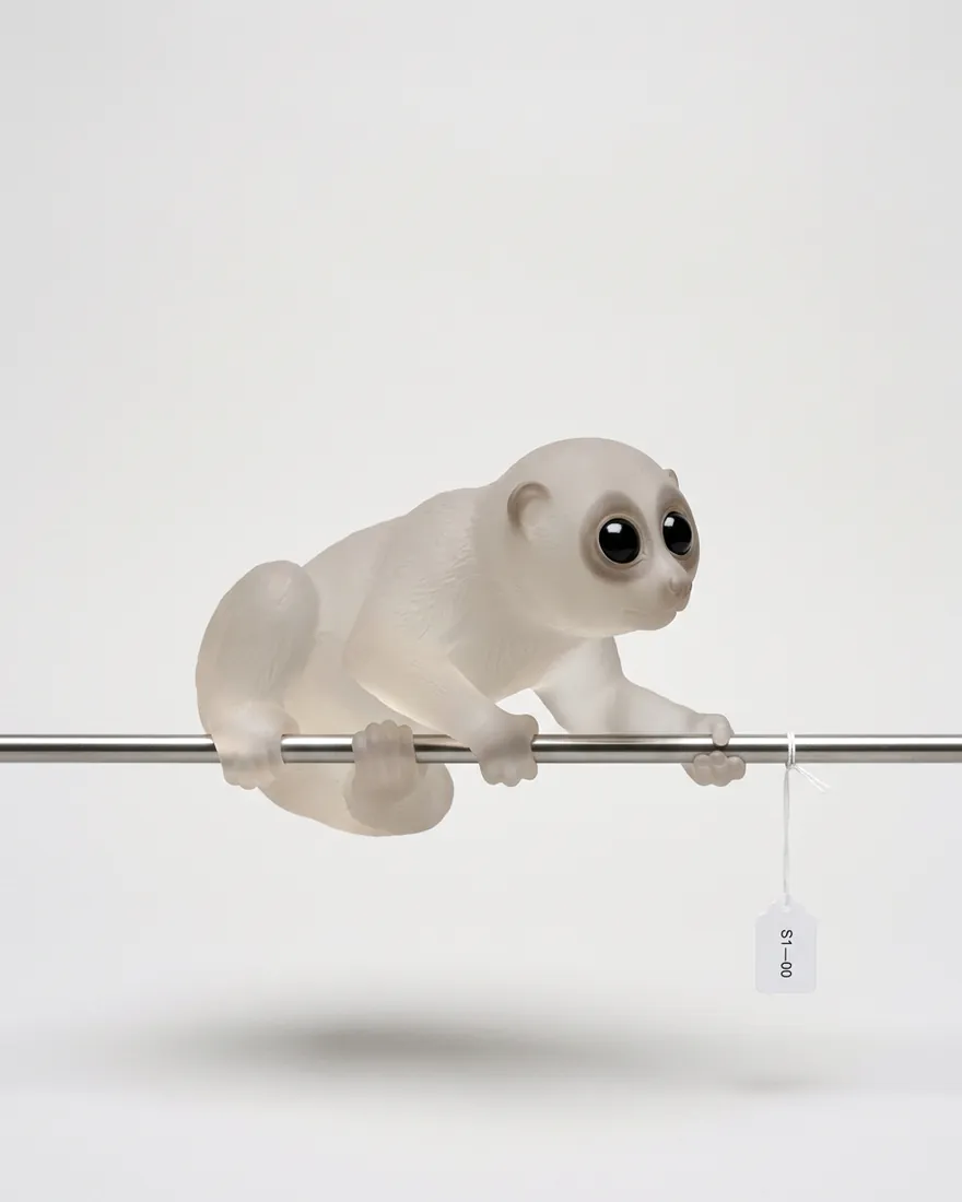 A slow loris cast in frosted silicone, clinging to a steel rod. It turns to the camera and blinks.