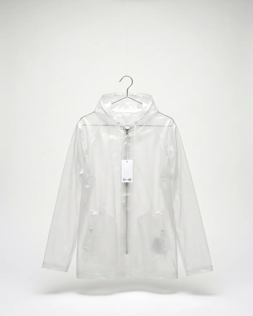 An empty clear PVC raincoat on a steel hanger, swaying slightly.