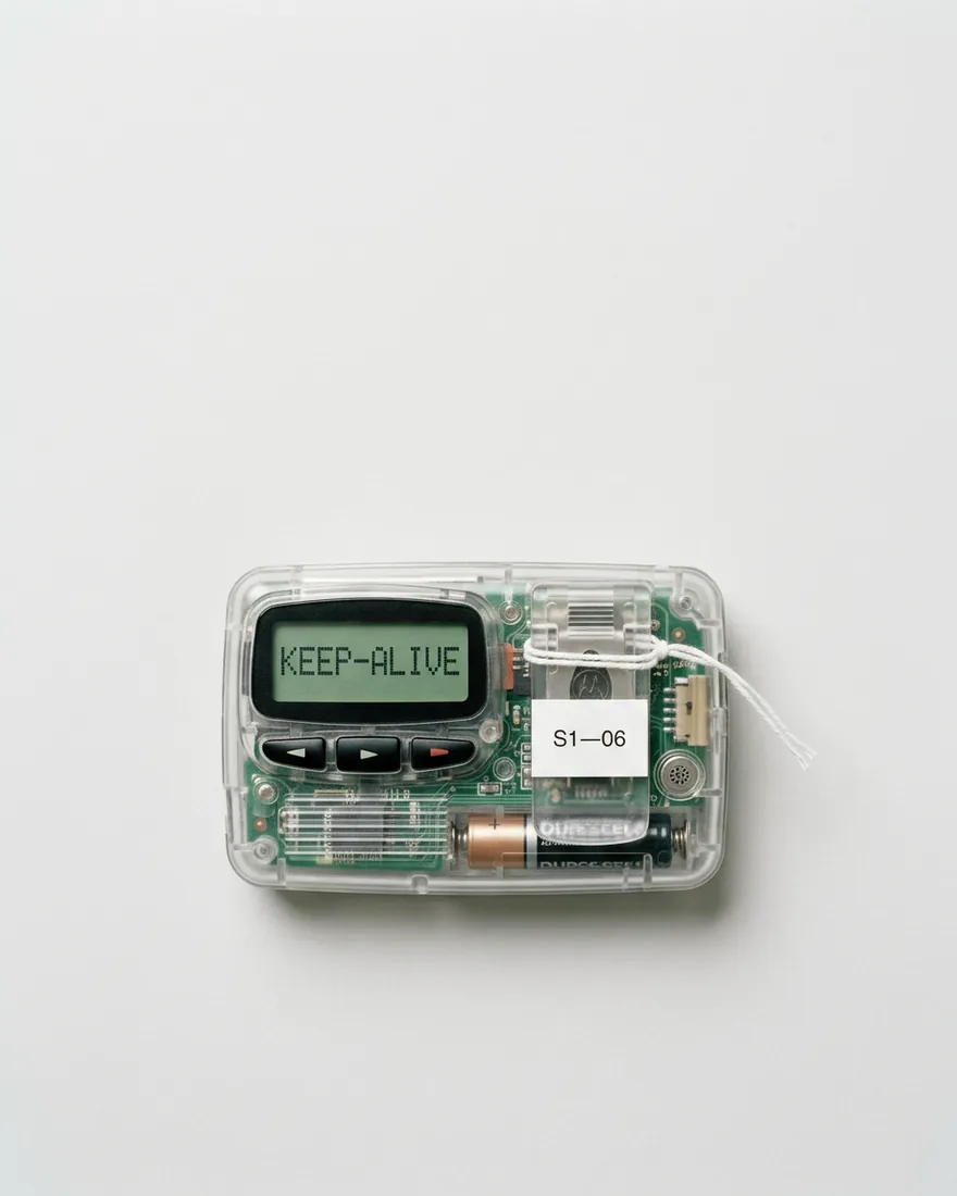 A transparent pager. Its screen reads KEEP-ALIVE.